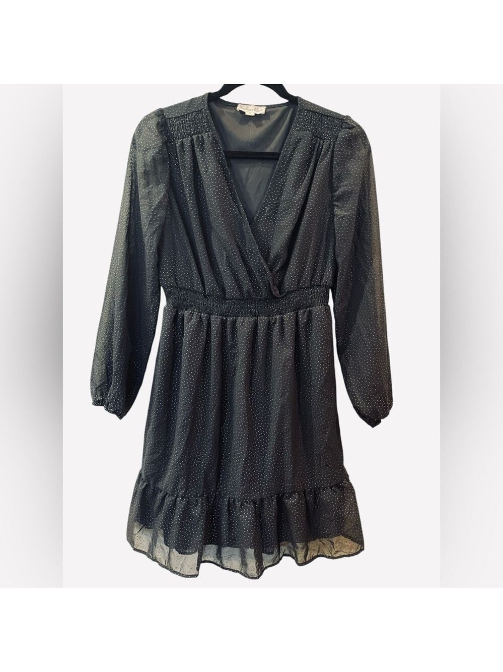 Indigo Rose Women’s Sheer V-Neck Dress Black Sparkly A-Line Blouson Size: Small